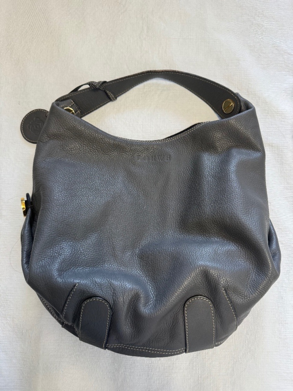 Not Loewe Pebbled Charcoal Leather Shoulder Hobo Bag with Gold Hardware